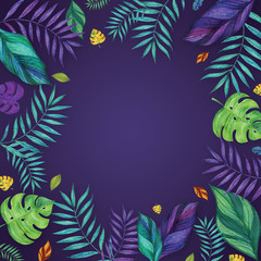 Fototapeta na wymiar Tropical leaves background with copy space for text. Bright jungle plants in trendy colors. Hand drawn with colored pencils and markers. For flyer, invitation or social media post.