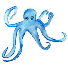 Watercolor hand painted, blue octopus with tentacles isolated on white background. Colorful illustration of wild sea animals for beautiful greeting cards design, holiday invitations, posters and texti