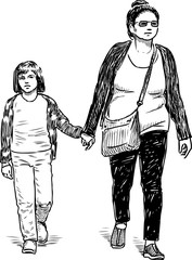 Sketch of a townswoman with her child going down the street