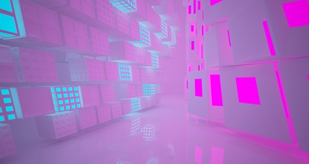 Abstract  white Futuristic Sci-Fi interior With Pink And Blue Glowing Neon Tubes . 3D illustration and rendering.