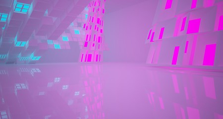 Abstract  white Futuristic Sci-Fi interior With Pink And Blue Glowing Neon Tubes . 3D illustration and rendering.