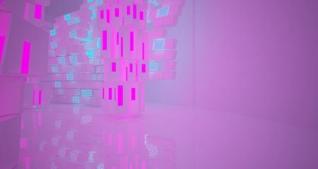 Abstract  white Futuristic Sci-Fi interior With Pink And Blue Glowing Neon Tubes . 3D illustration and rendering.