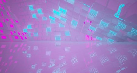 Abstract  white Futuristic Sci-Fi interior With Pink And Blue Glowing Neon Tubes . 3D illustration and rendering.