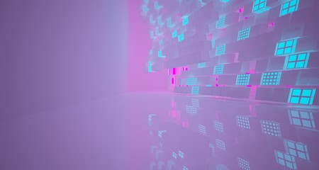 Abstract  white Futuristic Sci-Fi interior With Pink And Blue Glowing Neon Tubes . 3D illustration and rendering.