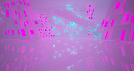 Abstract  white Futuristic Sci-Fi interior With Pink And Blue Glowing Neon Tubes . 3D illustration and rendering.