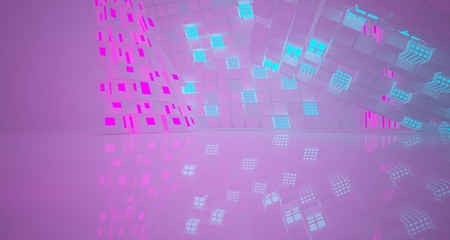 Abstract  white Futuristic Sci-Fi interior With Pink And Blue Glowing Neon Tubes . 3D illustration and rendering.