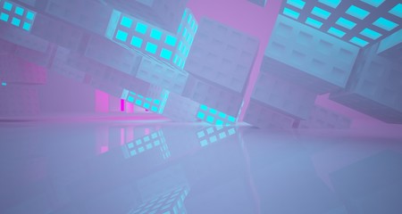 Abstract  white Futuristic Sci-Fi interior With Pink And Blue Glowing Neon Tubes . 3D illustration and rendering.