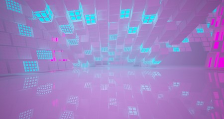 Abstract  white Futuristic Sci-Fi interior With Pink And Blue Glowing Neon Tubes . 3D illustration and rendering.