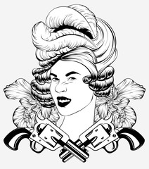 Vector hand drawn illustration of pretty woman with guns and flowers isolated.