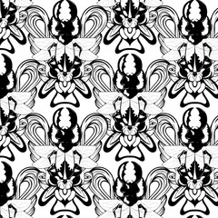 Vector pattern with hand drawn illustration of flower and beetle .