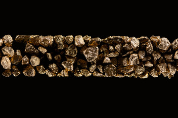 top view of golden textured stones in horizontal row isolated on black