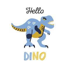 Cartoon little dinosaur. Cute dino color hand drawn vector character. T-rex flat clipart with lettering qoute hello dino. Sketch jurassic reptile. Isolated cartoon print for kids game, textile, book