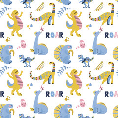 Cute childish seamless vector pattern with dinosaurs with eggs, decor and words dino. Funny cartoon dino. Hand drawn doodle design for girls, kids. children illustration for fashion clothes, fabric