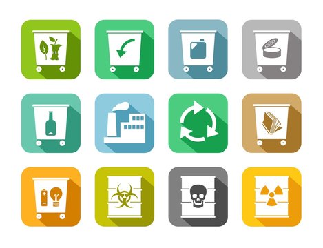 Waste disposal, color icons, vector. Garbage collection, different types of waste. White, flat icons with shadow on colored background. 