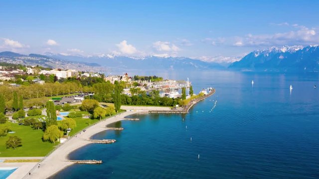 4K Aerial hyperlapse timelapse of Ouchy in Lausanne city  in Switzerland - UHD