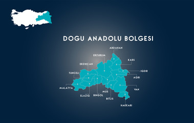 Turkey Eastern Anatolia Region Map ( Turkish Turkiyenin Dogu Anadolu Bolgesi Erzurum, Ardahan, Erzincan, Kars, igdir, Tunceli, Malatya, Elazig, Bingol, Mus, Bitlis, Hakkari, Van, Agri,Haritasi)