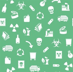 Waste, recycling, seamless pattern, green, vector. Garbage collection, different types of waste. Seamless, flat background. White, flat icons on green background. 
