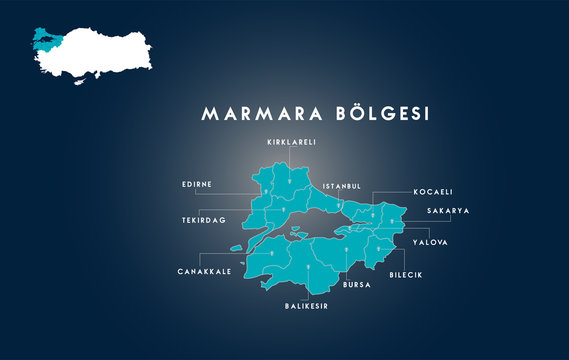 Map of Turkey Marmara Region (Turkish Turkiyenin marmara bolgesi, Edirne, Tekirdag, Canakkale, Balikesir, Bursa, Bilecik, Yalova, Sakarya, Kocaeli, istanbul, Kirklareli haritasi)