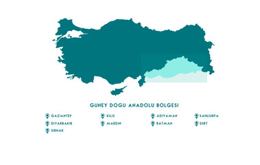 Fototapeta premium Turkey Southeastern Anatolia Region Map ( Turkish Turkiyenin Guneydogu Anadolu Bolgesi, Adiyaman, Gaziantep, Kilis, Sanliurfa, Mardin, Batman, Sirnak, Siirt, Diyarbakir Haritasi)