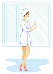 Beautiful nurse, doctor. The girl holds a folder to record the patient s medical history. The woman is an experienced professional. Vector illustration