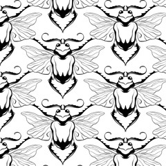 Vector pattern with hand drawn illustration of beetle with wings isolated.