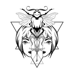 Vector hand drawn illustration of beetle with portrait of woman and triangles isolated.