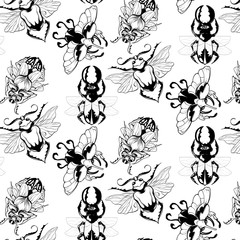 Vector pattern with hand drawn illustration of beetles with wings isolated.