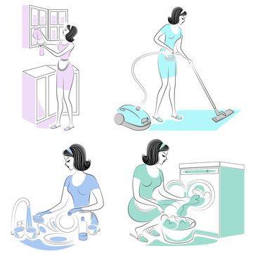 Collection. The girl removes dust in the room with a vacuum cleaner, erases, washes dishes, glass. A woman is a good wife and a neat housewife, a maid. Set of vector illustrations
