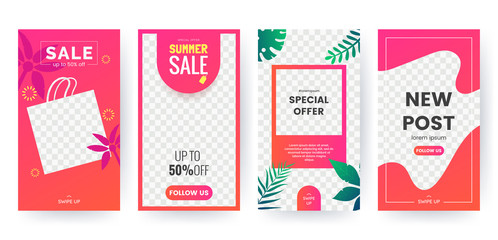 Summer stories concept for social media. Bright summer banner set with palm branch, tropical leaves. Story concept. Product catalog, discount voucher, advertising. Vector eps 10