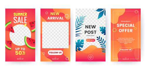 Set of summer banner for social media stories. Bright summer backgrounds with watermelon, tropical leaves. Story concept. Product catalog, discount voucher, advertising. Vector eps 10