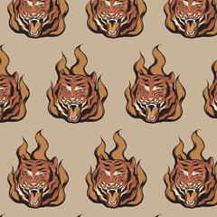 Vector pattern with hand drawn illustration of tiger with fire isolated.