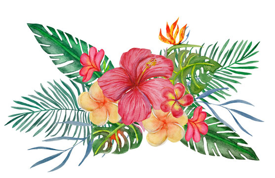 Watercolor bouqet with tropical flowers and leaves. Hawaiian exotic illustrations for greeting card, wedding, wallpaper.