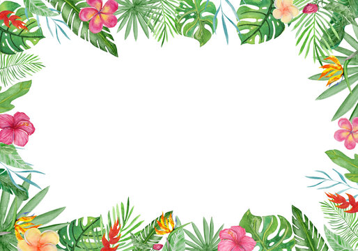 Watercolor Frame Tropical Leaves And Flowers On White Background.