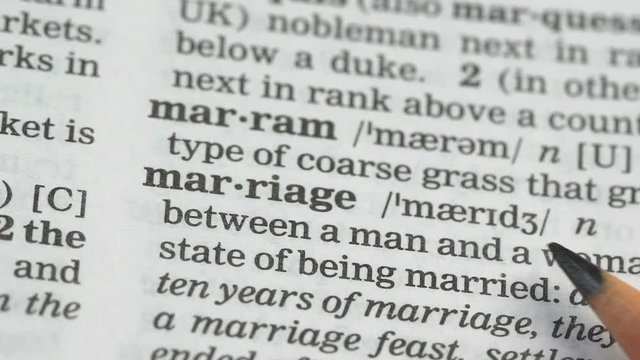 Marriage, word pointed in dictionary, agreement between couple, love and family