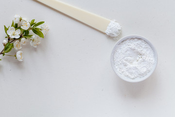 Alginate mask on white background. Skincare concept. Top view