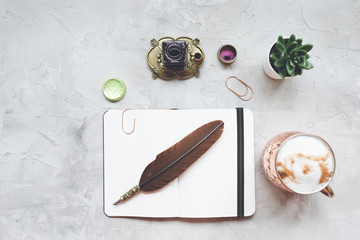 Freelance writer home office desk workspace. Flat lay, top view, social media hero header template.