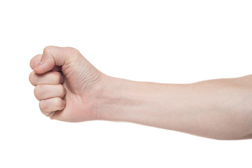 Male clenched fist, isolated on a white background. Win