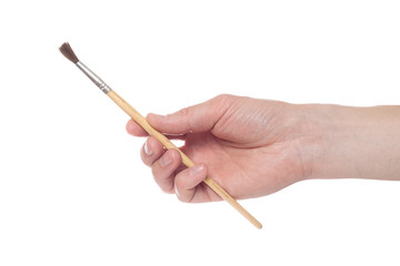 Male hand holding a brush on a white background.