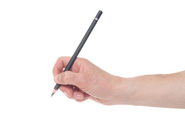 Hand holding black pen isolated on white background.