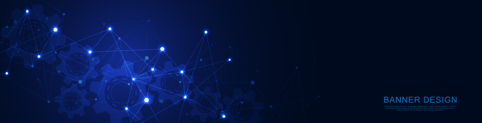 Website header or banner design with abstract geometric background and connecting dots and lines. Global network connection. Digital technology with plexus background and space for your text.