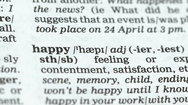 Happy word pointed in dictionary, positive state of mind, satisfaction with life