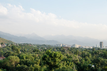 Fototapeta na wymiar Almaty city in summer. Among the green trees are visible tall buildings and urban buildings. On the background are visible high peaks of the mountains. View from bird flight.