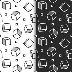 Set of Seamless, endless patterns with graphic cube elements in pop art style. Seamless patterns in black and white background, Can be used for wallpapers, posters, wrapping paper.