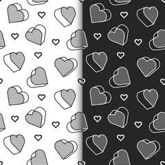 Set of Seamless, endless patterns with graphic elements with shape of hearts in pop art style. Seamless patterns in black and white background, Can be used for wallpapers, posters, wrapping paper.