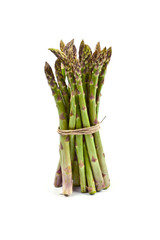 Bunch of fresh raw garden asparagus isolated on white background. Green spring vegetables.