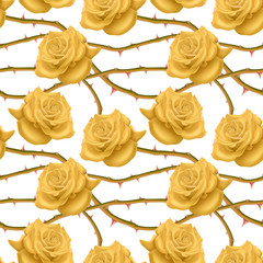 Seamless, endless pattern with roses and thorns, bright yellow roses on white background, design for your packing. Vector illustration