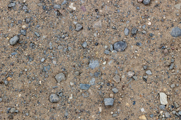 Sandy texture, coast, river bank. Large sand with small stones, bright sunlight. Rest, summer, beach.