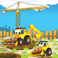 cartoon scene with diggers on construction site father and son - illustration for the children
