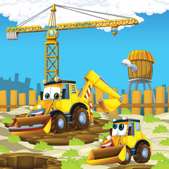 Plakat cartoon scene with diggers on construction site father and son - illustration for the children