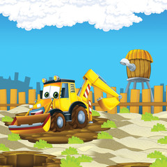 Obraz na płótnie Canvas cartoon scene with digger on construction site - illustration for the children